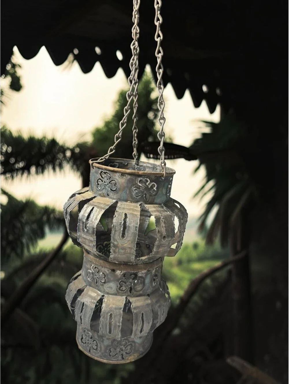 Antique Punched Tin Candle With Shamrocks Hanging Lantern Light Primitive 8”x5